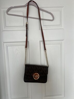 Michael Kors Brown & Tan Signature MK Crossbody with Gold Accent